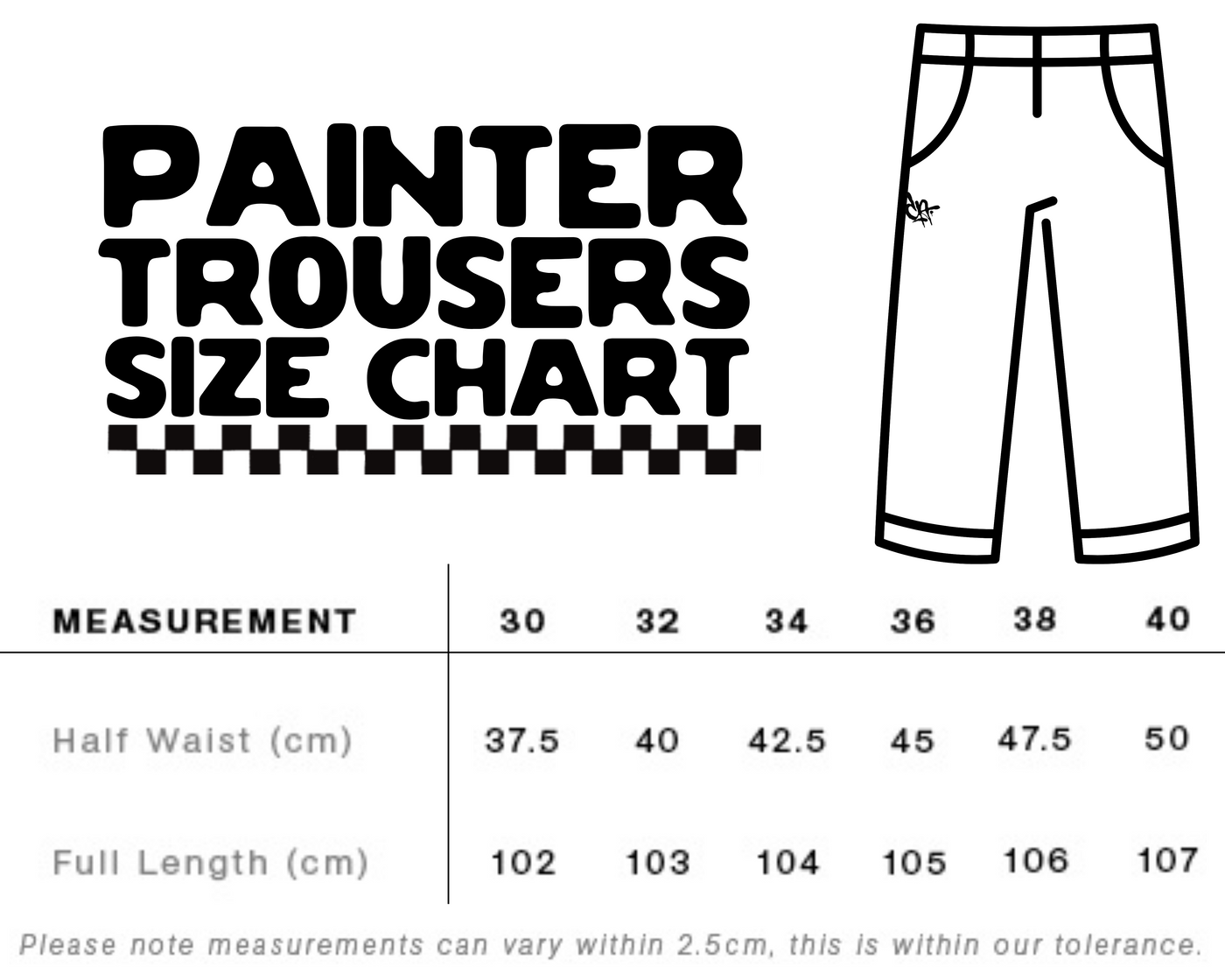 size chat for painter trousers sizes 30 to 40